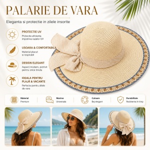 Palarie de vara eleganta bej cu funda decorativa pentru plaja si vacante - Img 2