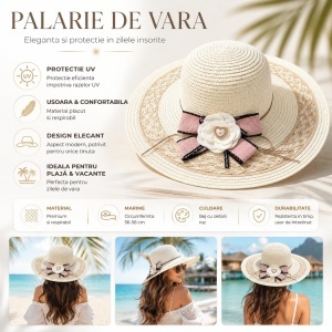 Palarie de Vara Eleganta pentru Femei, Bej cu Floare Decorativa si Fundita Roz - Img 2