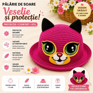 Palarie de Vara Fucsia pentru Copii, cu Design Pisicuta si Protectie UV - Img 2