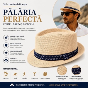 Pălărie Panama Bej pentru Bărbați cu Bandă Bleumarin Model Ancoră – Elegantă și Respirabilă - Img 2