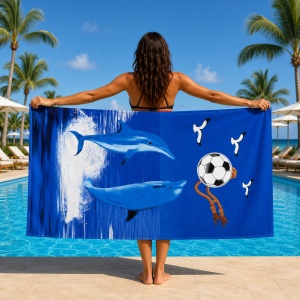 Prosop de plaja cu delfini si minge de fotbal Ocean Fun, 70x140 cm - Img 2