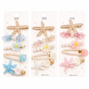 Set de 5 Clame de Păr colorate, modele cu Perle, Scoici și Stea de Mare, Culori Diverse - Img 1