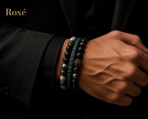 Set format din 3 bratari reglabile barbati margele negre texturate si design impletit verde Roxe - Img 3