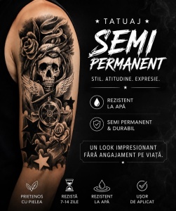 Tatuaj Semipermanent cu Craniu, Trandafiri și Simbol Nautic – 45 cm - Img 2