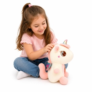 Unicorn de plus 30cm alb cu detalii roz si aripi colorate, jucarie moale copii - Img 3