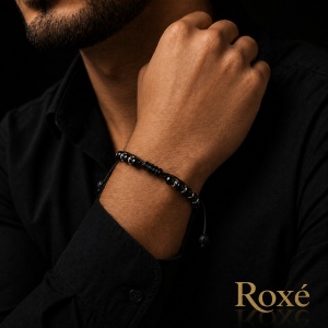 Bratara reglabila Roxe barbati neagra cu insertii argintii design minimalist elegant - Img 3