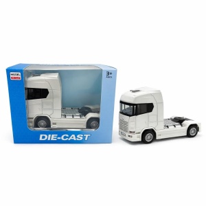 Camion cap tractor metal alb 13.5 cm cabina rabatabila sunete si lumini