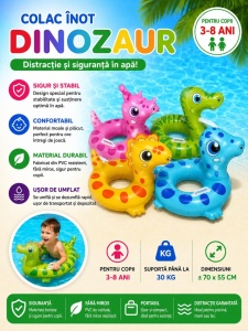 Colac gonflabil dinozaur albastru pentru copii, 70 x 55 cm, ușor de transportat - Img 3