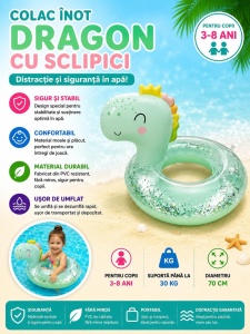 Colac gonflabil dragon cu sclipici pentru copii, 70 cm, verde pastel, piscina si mare - Img 2