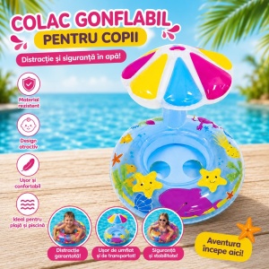 Colac Gonflabil pentru Bebeluși cu Parasolar – Model Marin, Albastru, pentru Piscină și Plajă - Img 2