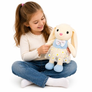 Iepuras de plus 38cm cu rochita albastra si fundita decorativa, jucarie moale copii - Img 2