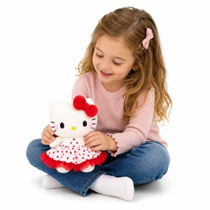Jucărie pluș pisică, rochie roșie cu buline, 20 cm, moale și decorativă - Img 2