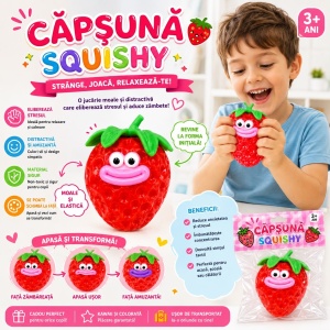 Jucărie Squishy Căpșună cu Față Veselă 9 cm – Antistres, Moale și Elastică pentru Copii - Img 3