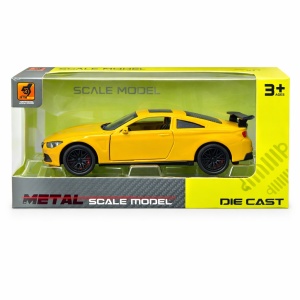 Macheta masina sport galbena coupe cu eleron, detalii realiste, 15.5x7 cm
