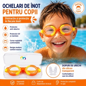 Ochelari de inot copii portocaliu-galben, reglabili, cu dopuri urechi silicon - Img 2