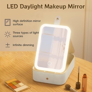 Oglinda cosmetica LED cu organizator bijuterii si cosmetice, 3 moduri lumina, reincarcabila, alb - Img 5