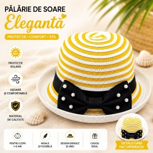 Palarie de soare eleganta pentru fetite, model dungat galben-alb cu funda neagra - Img 2