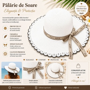 Palarie de Soare pentru Femei, Alba cu Fundita Bej, Boruri Ondulate, Design Elegant de Vara - Img 2