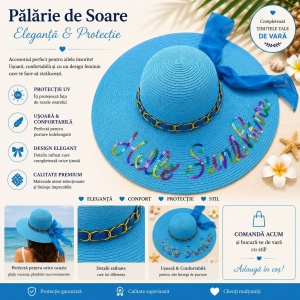 Palarie de Soare pentru Femei Albastra cu Fundita si Inscripție “Hello Sunshine” – Palarie Eleganta de Vara - Img 2