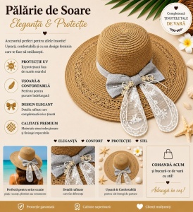 Palarie de Soare pentru Femei Bej cu Fundita si Dantela – Model Elegant de Vara - Img 2