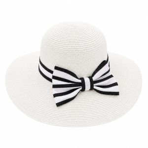 Palarie de vara dama alba cu funda eleganta in contrast pentru plaja si protectie UV