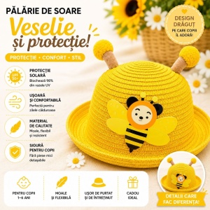 Palarie de Vara Galbena pentru Copii, cu Design Albina si Protectie UV - Img 2