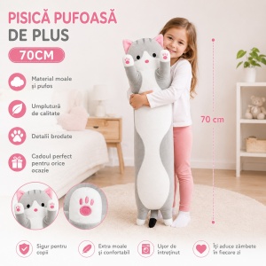 Pisică de pluș gri 70 cm – jucărie moale și pufoasă pentru copii, pernă decorativă - Img 2