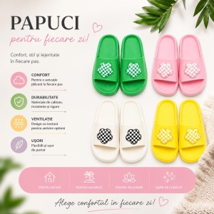 Set 12 Perechi Papuci Damă cu Model Floral Carouri, Mix Culori, Mărimi 36-41 - Img 2