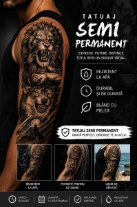Tatuaj Semipermanent Leu și Lup – 45 cm - Design Realist Black & Grey - Img 2