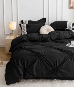 Lenjerie pat dublu, Inimi Brodate, 6 Piese, Finet Premium - Negru - Img 4