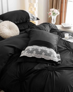 Lenjerie pat dublu, Inimi Brodate, 6 Piese, Finet Premium - Negru - Img 5