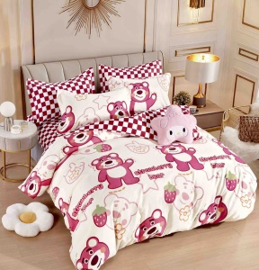 Set lenjerie de pat dublu, 6 piese, cu elastic, HT-33, 180x200 cm, Crem/Roz