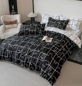 Set lenjerie de pat dublu, 6 piese, cu elastic, HT-73, 180x200 cm, Alb/Negru