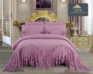 Cuvertura matlasata cu volanase si broderie, 3 piese, LC-8, 220x280 cm, Roz