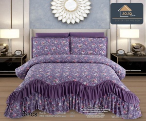 Cuvertura pat dublu matlasata, 3 piese, cu volanase si imprimeu floral, YC-9, 220x270 cm, Mov
