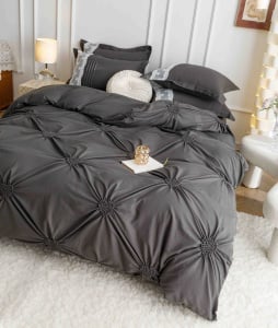 Lenjerie pat dublu, Inimi Brodate, 6 Piese, Finet Premium - Gri Inchis