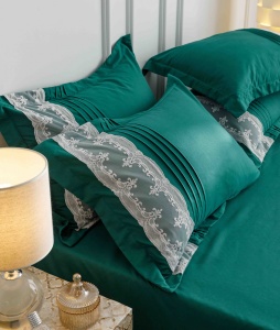 Lenjerie pat dublu, Inimi Brodate, 6 Piese, Finet Premium - Verde - Img 2