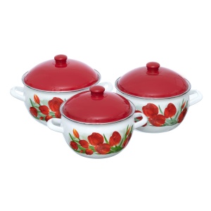 Set 3 oale emailate cu capac Arian, cantitate 3,8 litri, 4,8 litri, 6,2 litri, Rosu - Img 2