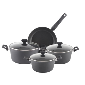 Set oale aluminiu 7 piese Zilan ZLN3277, Strat interior neaderent, Manere ebonita, Capace sticla termorezistenta