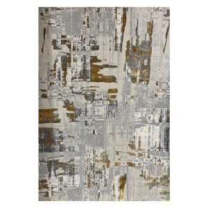 Covor Modern Abstract Gri cu Auriu, Fir Scurt 10 mm, Living si Dormitor, Antic 6339D