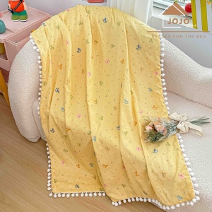 Patura pentru bebelusi si copii cu ciucurei, 100% bumbac, BBB-6, 100x150 cm, Galben
