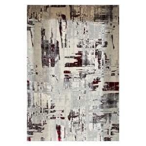 Covor Modern Abstract Gri cu Rosu, Fir Scurt 10 mm, Living si Dormitor, Antic 6339B