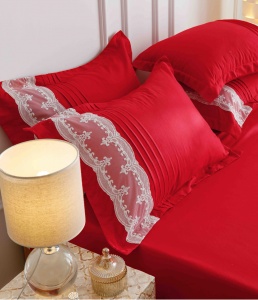 Lenjerie pat dublu, Inimi Brodate, 6 Piese, Finet Premium - Rosu - Img 2