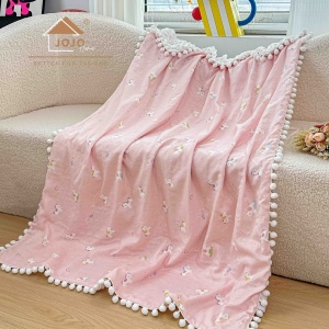 Patura pentru bebelusi si copii cu ciucurei, 100% bumbac, BBB-3, 100x150 cm, Roz
