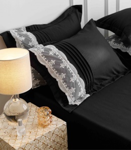 Lenjerie pat dublu, Inimi Brodate, 6 Piese, Finet Premium - Negru - Img 2