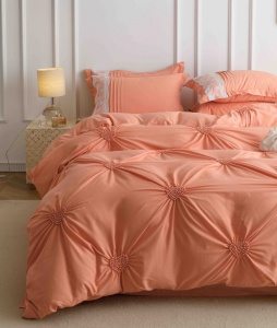 Lenjerie pat dublu, Inimi Brodate, 6 Piese, Finet Premium - Peach - Img 4