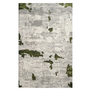 Covor Modern Abstract Gri cu Verde, Fir Scurt 12 mm, Living si Dormitor, Antic 7558A