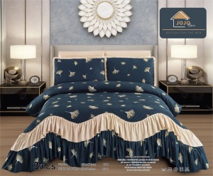 Cuvertura pat dublu matlasata, 3 piese, cu volanase si imprimeu floral, YC-1, 220x270 cm, Bleumarin