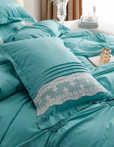 Lenjerie pat dublu, Inimi Brodate, 6 Piese, Finet Premium - Verde deschis - Img 5