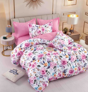 Set lenjerie de pat dublu, 6 piese, cu elastic, HT-68, 180x200 cm, Roz